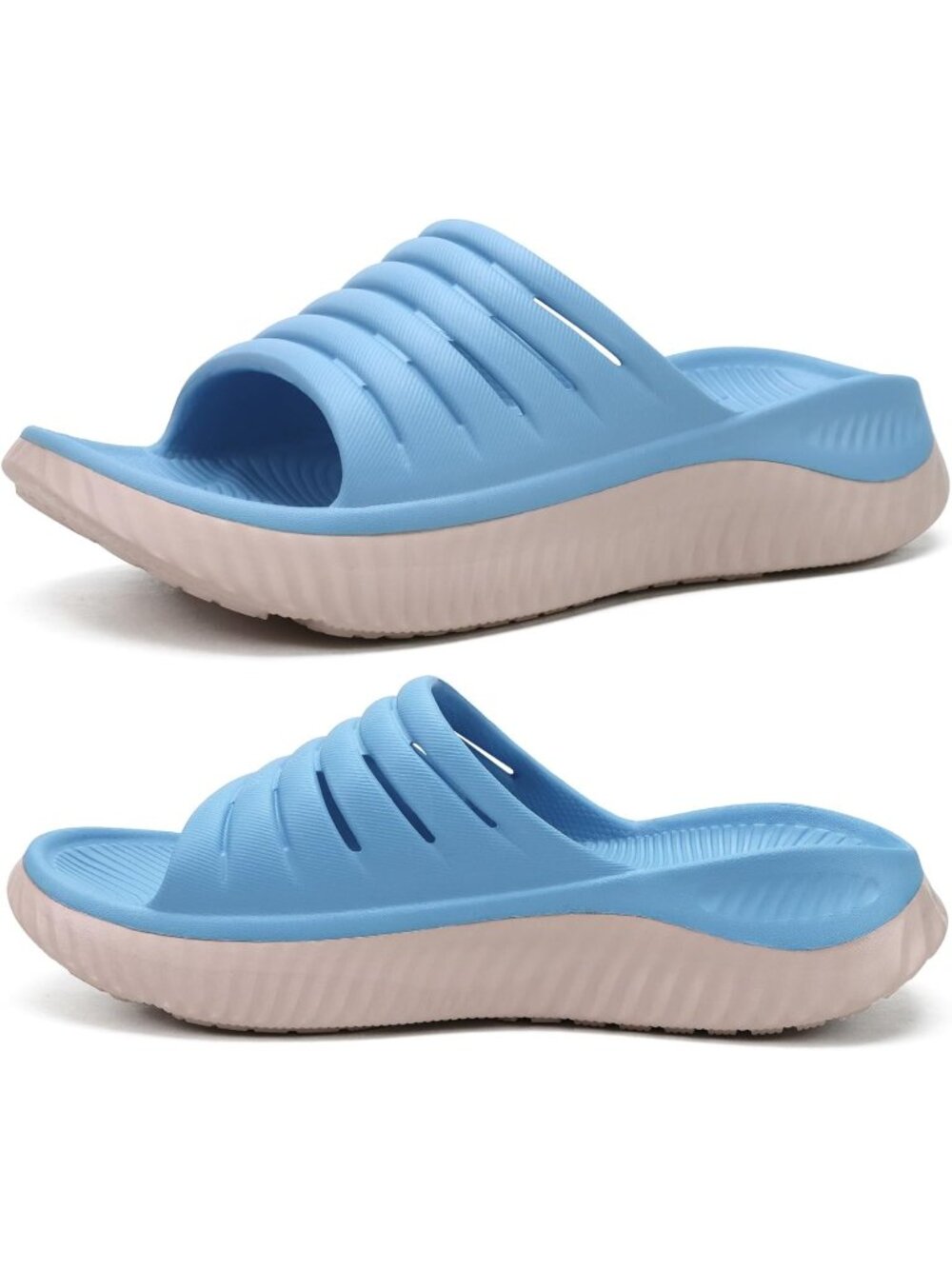 Women's Blue White Comfortable Open Toe Slides Thick Cushion Recovery Sandals
